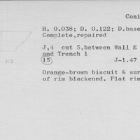 Index card with typed and handwritten information, sometimes including a sketch, of pottery from an excavation.