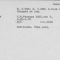 Index card with typed and handwritten information, sometimes including a sketch, of pottery from an excavation.