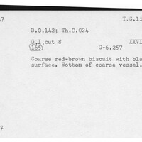Index card with typed and handwritten information, sometimes including a sketch, of pottery from an excavation.