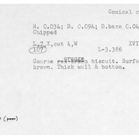 Index card with typed and handwritten information, sometimes including a sketch, of pottery from an excavation.