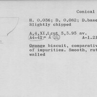 Index card with typed and handwritten information, sometimes including a sketch, of pottery from an excavation.