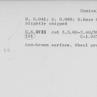 Index card with typed and handwritten information, sometimes including a sketch, of pottery from an excavation.