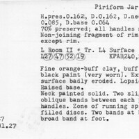 Index card with typed and handwritten information, sometimes including a sketch, of pottery from an excavation.