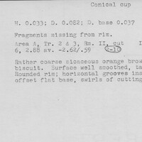 Index card with typed and handwritten information, sometimes including a sketch, of pottery from an excavation.