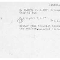 Index card with typed and handwritten information, sometimes including a sketch, of pottery from an excavation.