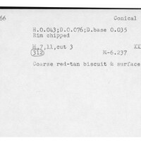 Index card with typed and handwritten information, sometimes including a sketch, of pottery from an excavation.