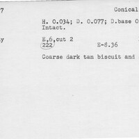 Index card with typed and handwritten information, sometimes including a sketch, of pottery from an excavation.