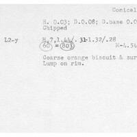 Index card with typed and handwritten information, sometimes including a sketch, of pottery from an excavation.