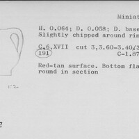 Index card with typed and handwritten information, sometimes including a sketch, of pottery from an excavation.