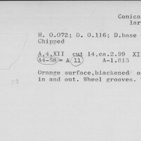 Index card with typed and handwritten information, sometimes including a sketch, of pottery from an excavation.