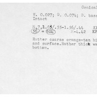 Index card with typed and handwritten information, sometimes including a sketch, of pottery from an excavation.