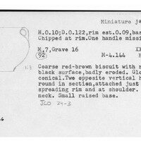 Index card with typed and handwritten information, sometimes including a sketch, of pottery from an excavation.