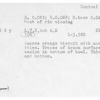 Index card with typed and handwritten information, sometimes including a sketch, of pottery from an excavation.