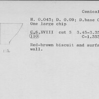 Index card with typed and handwritten information, sometimes including a sketch, of pottery from an excavation.