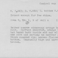 Index card with typed and handwritten information, sometimes including a sketch, of pottery from an excavation.