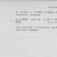 Index card with typed and handwritten information, sometimes including a sketch, of pottery from an excavation.