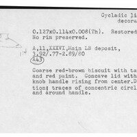 Index card with typed and handwritten information, sometimes including a sketch, of pottery from an excavation.