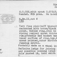 Index card with typed and handwritten information, sometimes including a sketch, of pottery from an excavation.