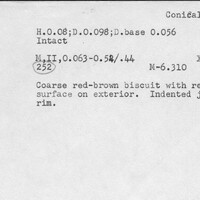 Index card with typed and handwritten information, sometimes including a sketch, of pottery from an excavation.