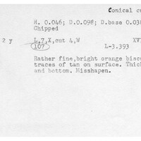 Index card with typed and handwritten information, sometimes including a sketch, of pottery from an excavation.