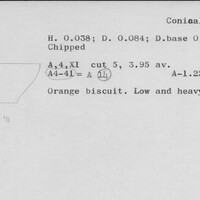 Index card with typed and handwritten information, sometimes including a sketch, of pottery from an excavation.