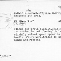 Index card with typed and handwritten information, sometimes including a sketch, of pottery from an excavation.