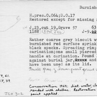 Index card with typed and handwritten information, sometimes including a sketch, of pottery from an excavation.
