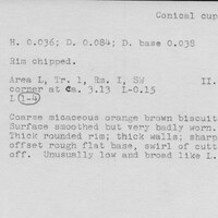 Index card with typed and handwritten information, sometimes including a sketch, of pottery from an excavation.