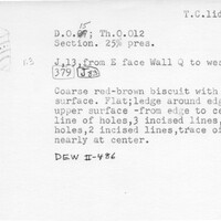 Index card with typed and handwritten information, sometimes including a sketch, of pottery from an excavation.