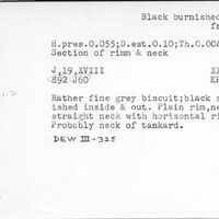 Index card with typed and handwritten information, sometimes including a sketch, of pottery from an excavation.