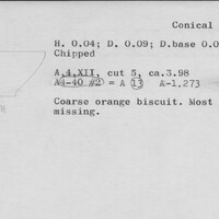 Index card with typed and handwritten information, sometimes including a sketch, of pottery from an excavation.