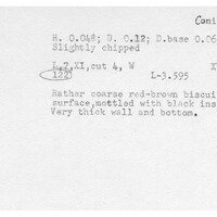 Index card with typed and handwritten information, sometimes including a sketch, of pottery from an excavation.