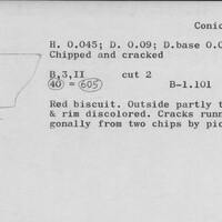 Index card with typed and handwritten information, sometimes including a sketch, of pottery from an excavation.