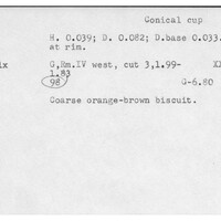 Index card with typed and handwritten information, sometimes including a sketch, of pottery from an excavation.