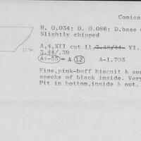 Index card with typed and handwritten information, sometimes including a sketch, of pottery from an excavation.