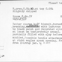 Index card with typed and handwritten information, sometimes including a sketch, of pottery from an excavation.