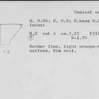 Index card with typed and handwritten information, sometimes including a sketch, of pottery from an excavation.