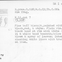 Index card with typed and handwritten information, sometimes including a sketch, of pottery from an excavation.