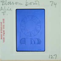 Blue and white image of a flower with petals, stem, and leaves on a card with red writing.