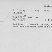 Index card with typed and handwritten information, sometimes including a sketch, of pottery from an excavation.