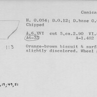 Index card with typed and handwritten information, sometimes including a sketch, of pottery from an excavation.