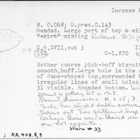 Index card with typed and handwritten information, sometimes including a sketch, of pottery from an excavation.