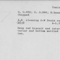 Index card with typed and handwritten information, sometimes including a sketch, of pottery from an excavation.