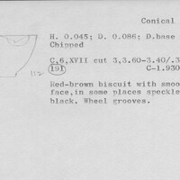 Index card with typed and handwritten information, sometimes including a sketch, of pottery from an excavation.