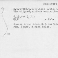 Index card with typed and handwritten information, sometimes including a sketch, of pottery from an excavation.