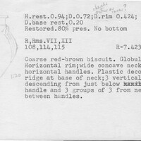 Index card with typed and handwritten information, sometimes including a sketch, of pottery from an excavation.