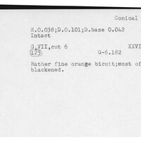 Index card with typed and handwritten information, sometimes including a sketch, of pottery from an excavation.