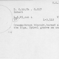 Index card with typed and handwritten information, sometimes including a sketch, of pottery from an excavation.