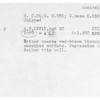Index card with typed and handwritten information, sometimes including a sketch, of pottery from an excavation.