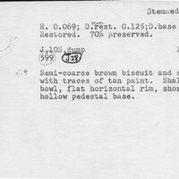 Index card with typed and handwritten information, sometimes including a sketch, of pottery from an excavation.